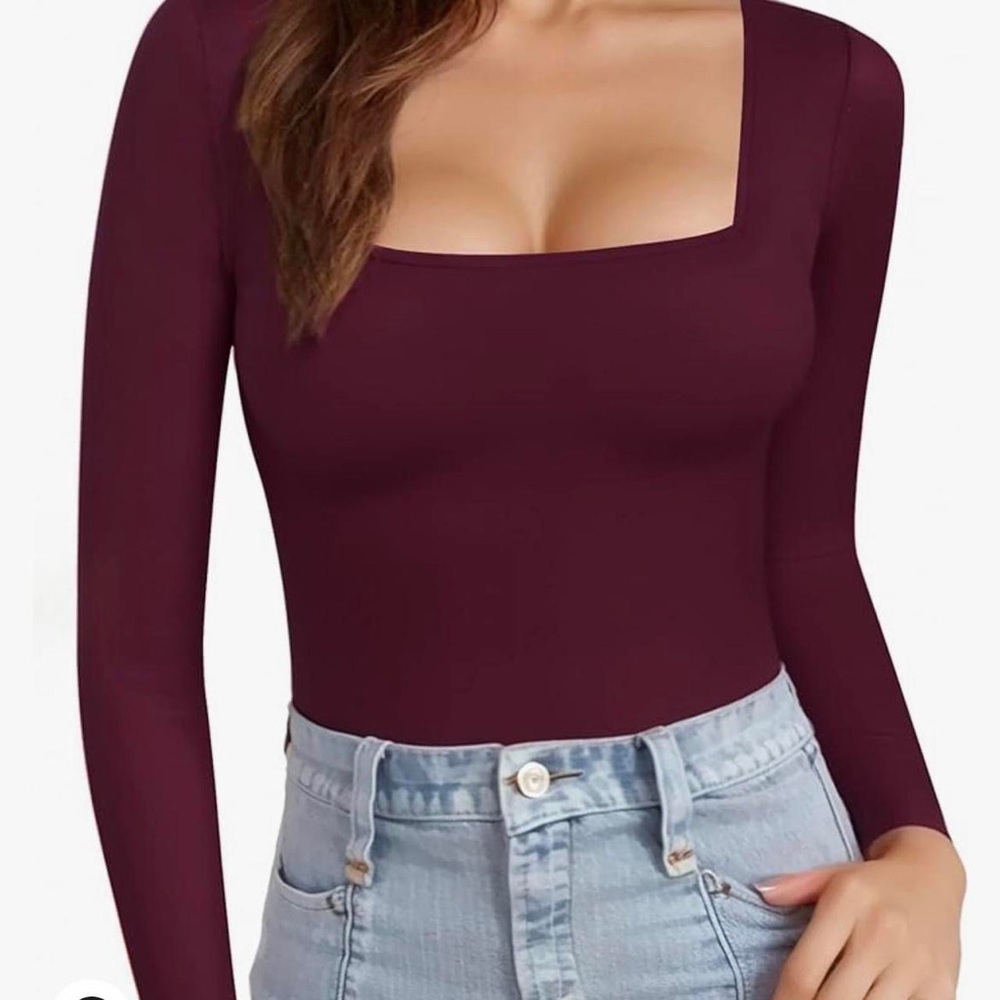 💗MANGOPOP AMAZON BURGUNDY LONG SLEEVE SQUARE NECK TOP